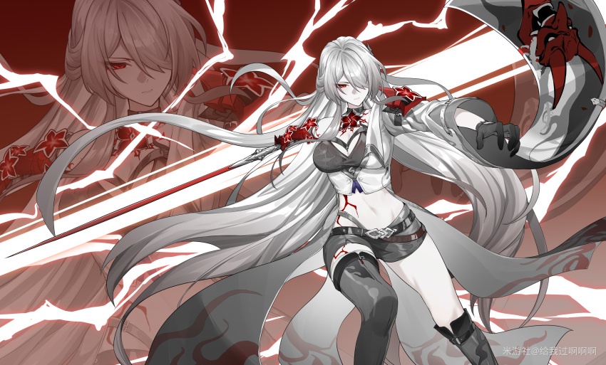 absurdres acheron_(honkai:_star_rail) asymmetrical_footwear black_choker black_gloves black_shorts body_markings boots breasts chains choker cleavage coat coattails detached_sleeves female flower gloves hair_over_one_eye highres holding holding_sword holding_weapon honkai:_star_rail honkai_(series) long_hair midriff miyoushe_watermark navel official_alternate_color official_alternate_hair_color pale_skin qian_qian_qian red_eyes red_flower short_shorts shorts single_bare_shoulder solo sparks stomach sword thigh_boots watermark weapon white_coat white_hair