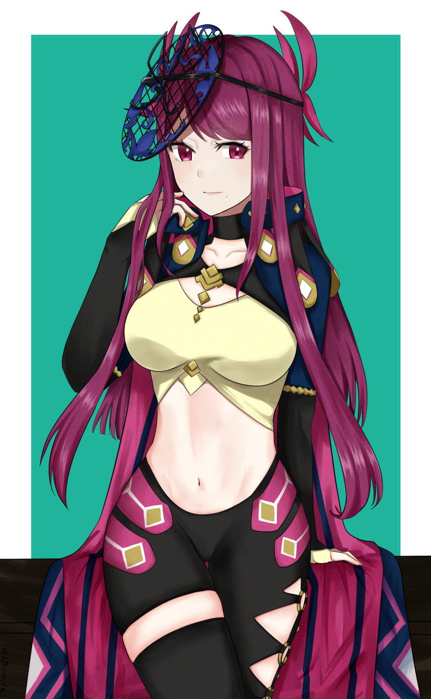 absurdres asymmetrical_pants black_choker black_pants black_thighhighs breasts choker collarbone commentary_request cowboy_shot crop_top facial_mark female fire_emblem fire_emblem_engage green_background hand_up highres ivy_(fire_emblem) large_breasts leggings long_hair long_sleeves looking_at_viewer midriff navel otokajife pants purple_eyes purple_hair sage_outfit_(fire_emblem_engage) shirt shrug_(clothing) single_thighhigh solo standing stomach thighhighs thighs very_long_hair yellow_shirt