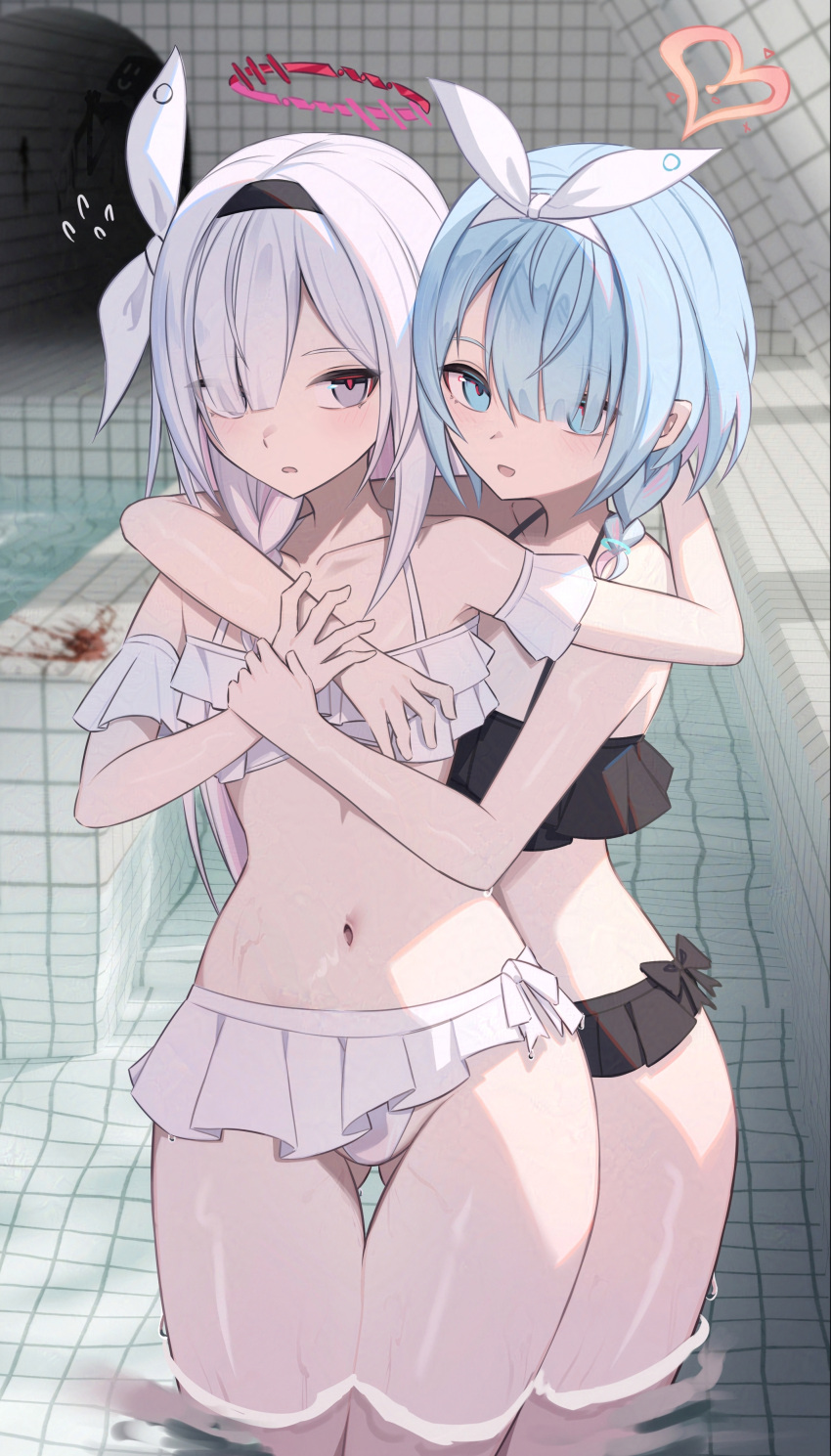 2girls absurdres arona_(blue_archive) ass_visible_through_thighs backrooms_(creepypasta) bare_shoulders bikini bikini_skirt black_bikini black_eyes black_hairband blood blood_splatter blue_archive blue_eyes blue_hair blurry blurry_background breasts colored_inner_hair commentary_request detached_sleeves frilled_bikini frills hair_over_one_eye hairband halo highres hug hug_from_behind indoors kitabana long_hair multicolored_hair multiple_girls navel open_mouth partial_commentary pink_hair pink_halo plana_(blue_archive) red_halo red_pupils short_sleeves small_breasts swimsuit wading white_bikini white_hair white_hairband