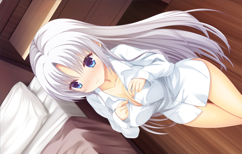 bed blue_eyes blush borrowed_clothes breast_suppress breasts cleavage closed_mouth collarbone collared_shirt cowboy_shot dress_shirt dutch_angle eyes_visible_through_hair female fingernails game_cg hair_down hands_up indoors kobuichi large_breasts long_hair looking_to_the_side naked_shirt non-web_source nose_blush official_art oversized_clothes parted_bangs partially_unbuttoned sanpaku senren_banka shiny_skin shirt shy solo split_mouth straight_hair thigh_gap thighs tomotake_yoshino tsurime variant_set very_long_hair white_hair white_shirt wooden_floor