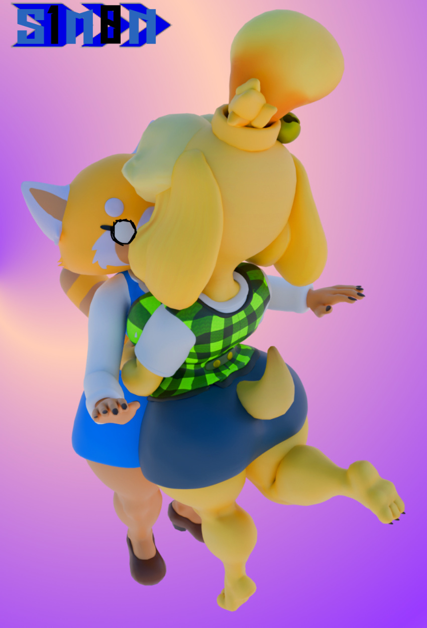 3d_(artwork) abstract_background aggretsuko ailurid animal_crossing anthro bird_dog bottomwear canid canine canis clothing digital_media_(artwork) domestic_dog duo female female/female flustered golden_retriever hi_res humanoid hunting_dog implied_kiss isabelle_(animal_crossing) mammal nintendo office_clothing red_panda retriever retsuko s1m0n sanrio skirt surprised_expression surprised_face tippy_toes