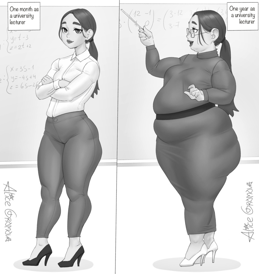 absurdres age_progression alice_gromova artist_name before_and_after belt breasts crossed_arms double_chin dress english_commentary english_text fat female glasses greyscale hair_behind_ear high_heels highres holding holding_pointer looking_at_viewer looking_up math monochrome open_hand open_mouth original pointer ponytail shadow small_breasts smile star_(symbol) teacher weight_gain