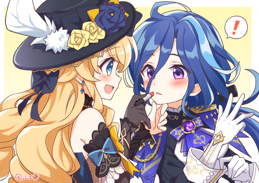 ! 2girls :d applying_makeup ascot bare_shoulders black_flower black_gloves black_hat blonde_hair blue_ascot blue_eyes blue_flower blue_hair blush clorinde_(genshin_impact) commentary_request cosmetics earrings electro_symbol_(genshin_impact) flower genshin_impact gloves hair_between_eyes hat hat_flower highres holding holding_lipstick_tube jewelry lipstick_tube long_hair looking_at_another maruyama_en multiple_girls navia_(genshin_impact) parted_lips purple_eyes signature single_glove smile spoken_exclamation_mark star_(symbol) star_in_eye symbol_in_eye upper_body very_long_hair vision_(genshin_impact) white_gloves yellow_flower