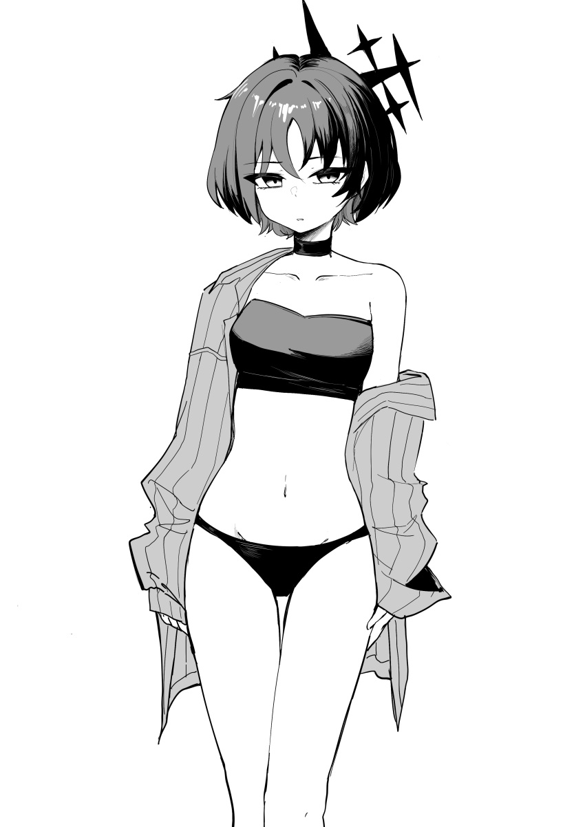 absurdres bikini bikini_under_clothes black_bikini blue_archive collarbone female greyscale halo highres misaki_(blue_archive) misaki_(swimsuit)_(blue_archive) monochrome navel off_shoulder official_alternate_costume pepsi2330 pinstripe_pattern pinstripe_shirt shirt short_hair simple_background solo stomach striped_clothes striped_shirt swimsuit vertical-striped_clothes vertical-striped_shirt white_background