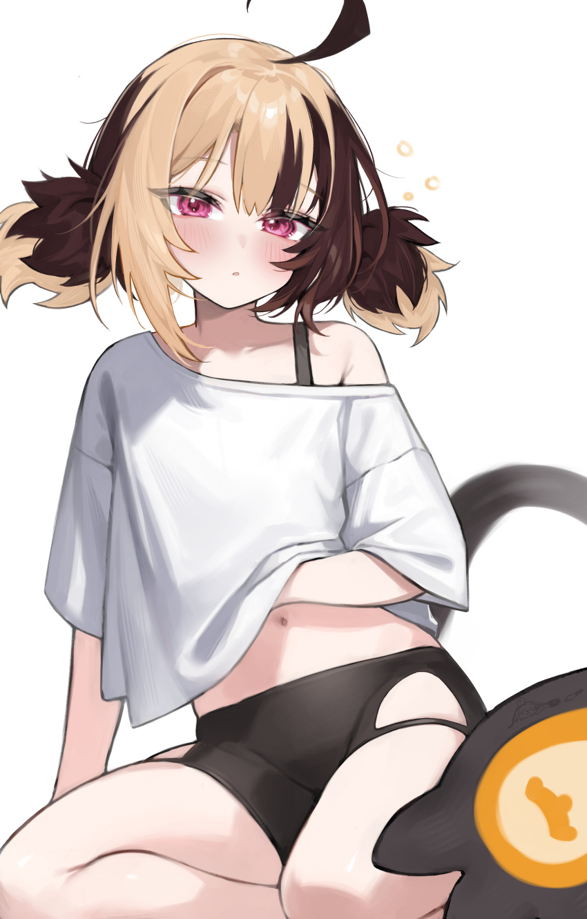 :o absurdres adapted_costume ahoge arm_support bike_shorts black_shorts blush bra_strap brown_hair female gigi_murin hair_between_eyes highres hip_vent hololive hololive_english hoshi_usagi huge_ahoge light_brown_hair looking_at_viewer multicolored_hair navel off_shoulder parted_lips pink_eyes scratching_stomach shirt short_sleeves shorts simple_background sitting sleepy solo squeans tail two-tone_hair two_side_up virtual_youtuber white_background white_shirt yokozuwari