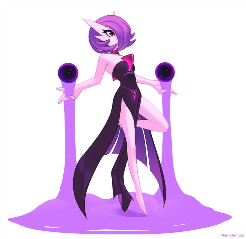 alternate_color alternate_shiny_pokemon artist_name black_dress bob_cut choker clothed_pokemon dress female gardevoir marik_bentusi pink_eyes pokemon pokemon_(creature) purple_hair shadow_ball_(pokemon) side_slit simple_background strapless strapless_dress white_background