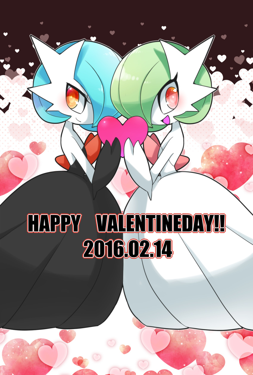 alternate_color black_dress black_gloves blue_hair bob_cut dated dress elbow_gloves from_side gardevoir gloves green_hair hair_over_one_eye happy_valentine heart highres looking_at_viewer mega_gardevoir mega_pokemon orange_eyes pink_eyes pokemon pokemon_(creature) shiny_pokemon smile strapless strapless_dress valentine white_dress white_gloves zakro