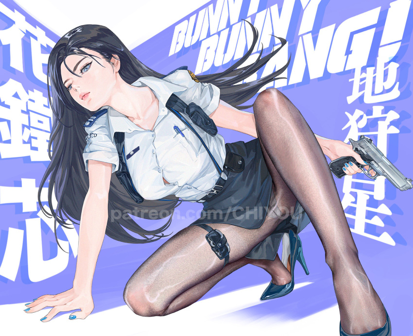 amatiz arm_support beretta_92 black_hair blue_nails breasts brown_pantyhose chinese_commentary closed_mouth collarbone collared_shirt english_commentary epaulettes eyelashes feet female foreshortening full_body grey_eyes gun hair_between_eyes handgun heel_pop high-waist_skirt high_heels highres holding holding_gun holding_weapon kneeling legs lips long_hair looking_at_viewer medium_breasts miniskirt mixed-language_commentary nail_polish original pantyhose patreon_username police police_uniform policewoman see-through see-through_legwear shirt short_sleeves skirt solo stiletto_heels suspender_skirt suspenders toe_cleavage watermark weapon web_address white_shirt