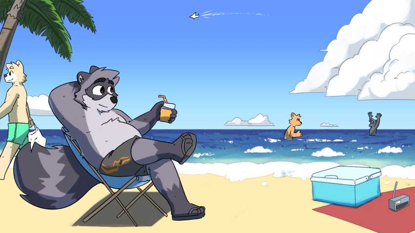 aircraft airplane ambiguous_gender anthro avian beach big_tail bird black_clothing black_swimming_trunks black_swimwear brown_eyes canid canine canis chair clear_sky clothing cloud cooler electronics footwear fur fur_beard furniture green_clothing green_swimming_trunks green_swimwear group hi_res jake_heakblur_(exiledcaptain) kernby male mammal orange_drink palm_tree plant procyonid purple_body purple_fur raccoon radio relaxing sand sandals shoes shore shoreline sky swimming swimming_trunks swimwear tail tree vehicle water wolf