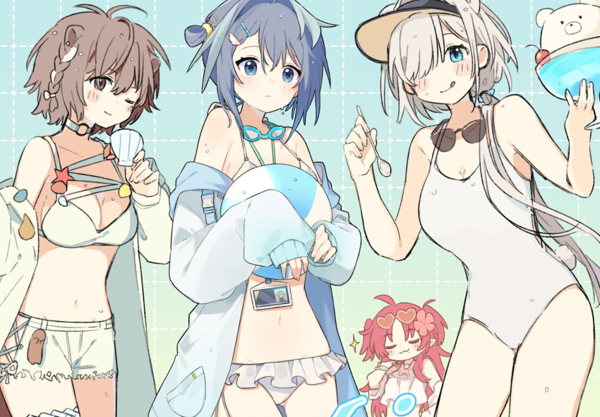 4girls :3 :q animal_ears arknights aurora_(arknights) ball beachball bikini blue_eyes blue_jacket blush blush_stickers breasts brown_eyes brown_hair cleavage closed_eyes closed_mouth dotted_line eyewear_on_head frilled_bikini frills goggles goggles_around_neck groin hair_between_eyes hair_over_one_eye heart heart-shaped_eyewear highres holding holding_spoon jacket la_pluma_(arknights) la_pluma_(summer_flowers)_(arknights) lanyard looking_at_viewer maguro_kan multiple_girls myrtle_(arknights) myrtle_(summer_flowers)_(arknights) navel off_shoulder official_alternate_costume one-piece_swimsuit one_eye_closed one_eye_covered purple_hair red_hair roberta_(arknights) roberta_(summer_flowers)_(arknights) short_hair sleeves_past_wrists smile sparkle spoon standing swimsuit tongue tongue_out visor_cap white_bikini white_one-piece_swimsuit