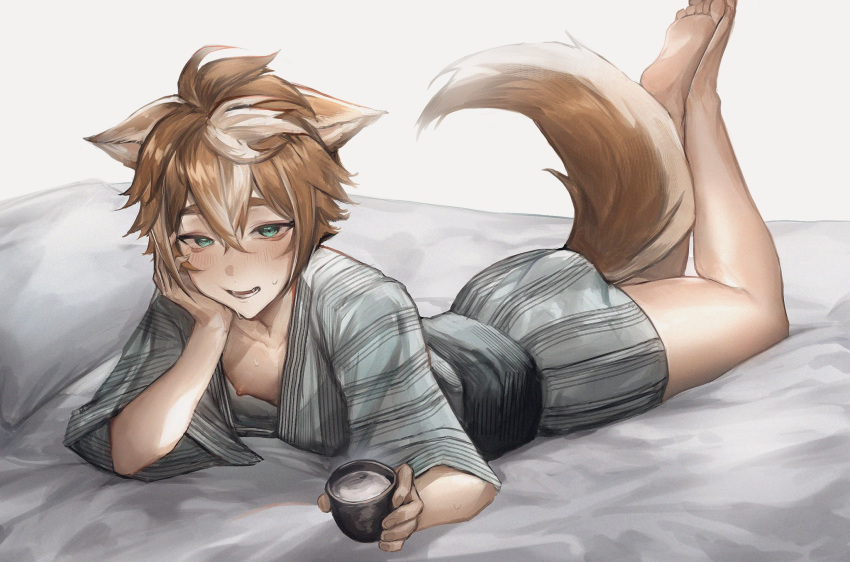 1boy animal_ear_fluff animal_ears bare_legs barefoot bed_sheet bishounen black_sash blush brown_hair collarbone crossed_bangs dog_boy dog_ears feet feet_up full_body genshin_impact gorou_(genshin_impact) green_eyes grey_background grey_kimono hair_between_eyes highres holding indoors japanese_clothes kimono legs looking_at_viewer lying male_focus multicolored_hair nipples obi on_bed on_stomach open_mouth pillow sash short_hair short_sleeves sidelocks smile soles streaked_hair sweatdrop tappeee teeth the_pose thighs toes white_hair wide_sleeves