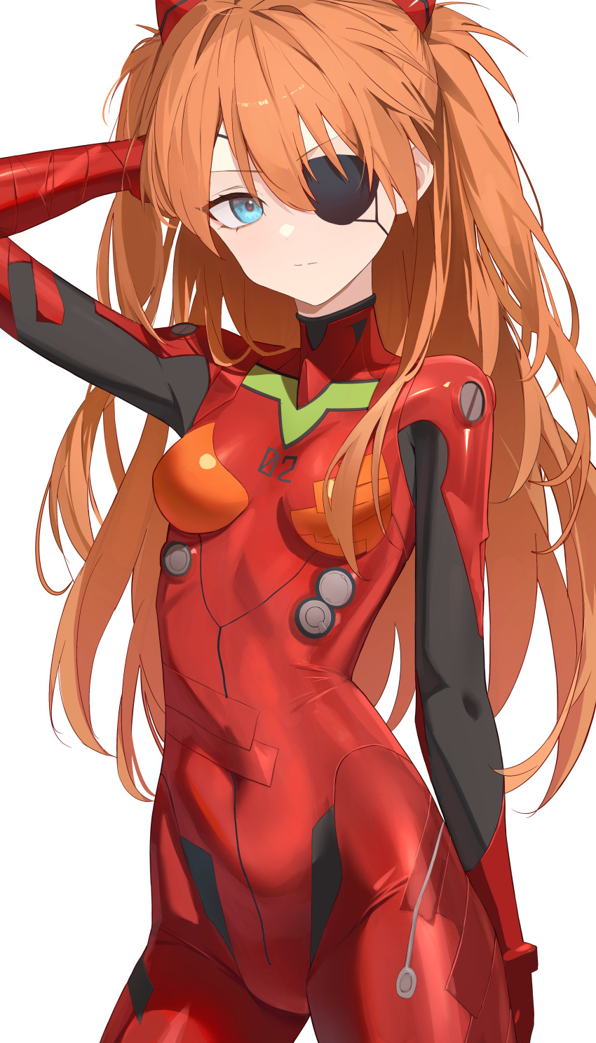 absurdres arm_up blue_eyes bodysuit closed_mouth dust_(mth) expressionless eyepatch female hairpods highres long_hair neon_genesis_evangelion orange_hair plugsuit rebuild_of_evangelion red_bodysuit simple_background solo souryuu_asuka_langley white_background