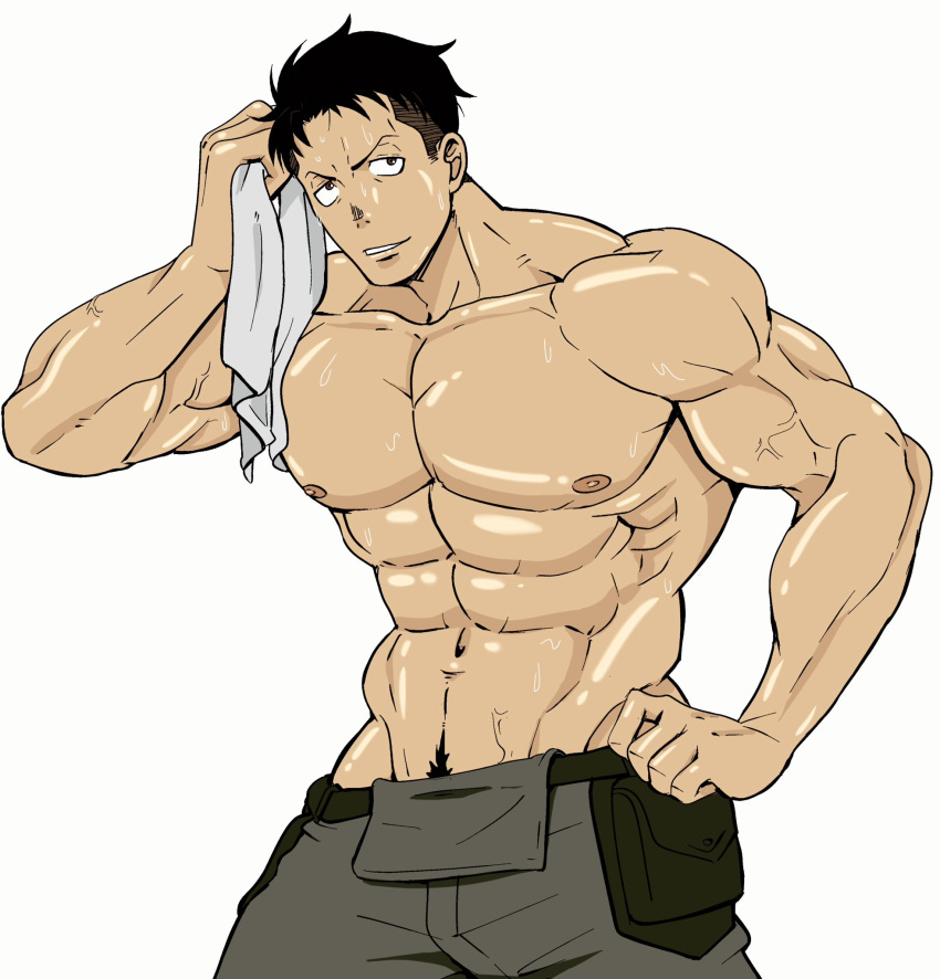 1boy abs akitaru_oubi bara black_hair en'en_no_shouboutai highres holding holding_towel large_pectorals male_focus muscular muscular_male navel navel_hair nipples pants pectorals rocckart short_hair solo sweat topless_male towel undercut veins veiny_arms white_background