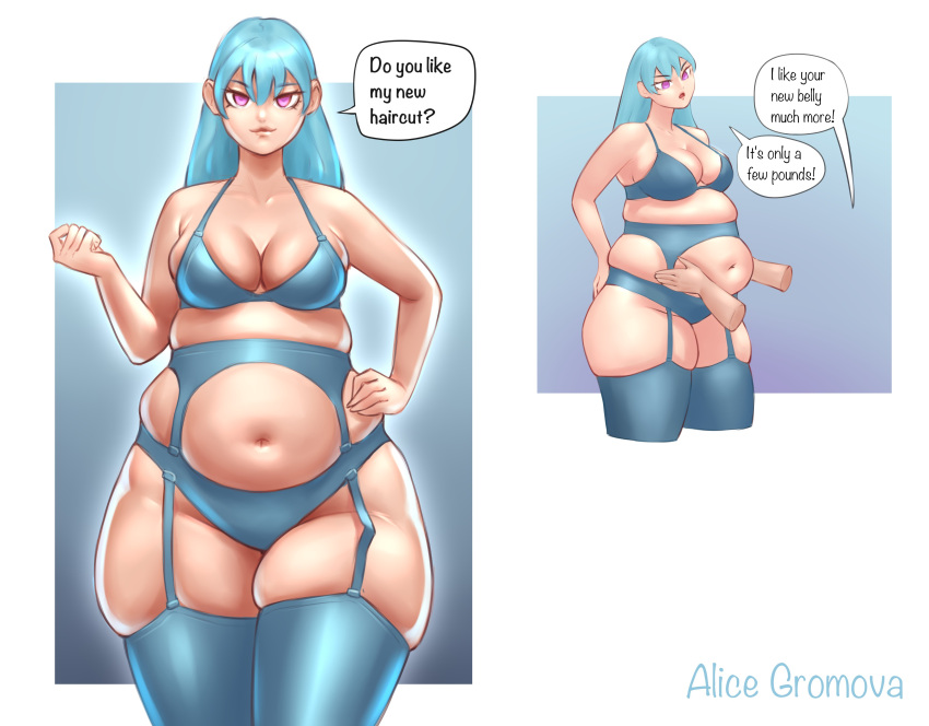 absurdres alice_gromova artist_name belly blue_bra blue_garter_belt blue_garter_straps blue_thighhighs bra breasts cleavage collarbone disembodied_hand english_text fat female garter_belt garter_straps hair_behind_ear head_tilt highres long_hair looking_at_viewer medium_breasts navel open_mouth original purple_eyes smile speech_bubble thick_thighs thighhighs thighs underwear