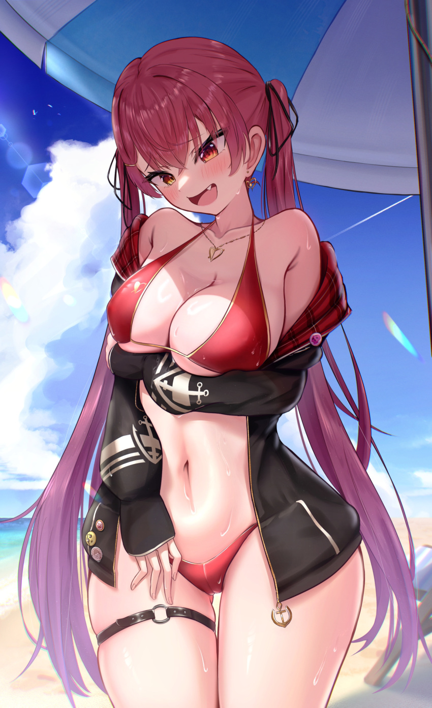 absurdres bare_shoulders beach bikini black_jacket breasts cleavage cowboy_shot earrings female heart heart_earrings heart_pendant heterochromia highres hololive hood hood_down hooded_jacket houshou_marine houshou_marine_(summer) jacket jewelry large_breasts long_hair navel ocean oerba_yun_fang off_shoulder official_alternate_costume open_mouth parasol red_bikini red_eyes red_hair sand swimsuit takotakochan_1006 twintails umbrella virtual_youtuber yellow_eyes