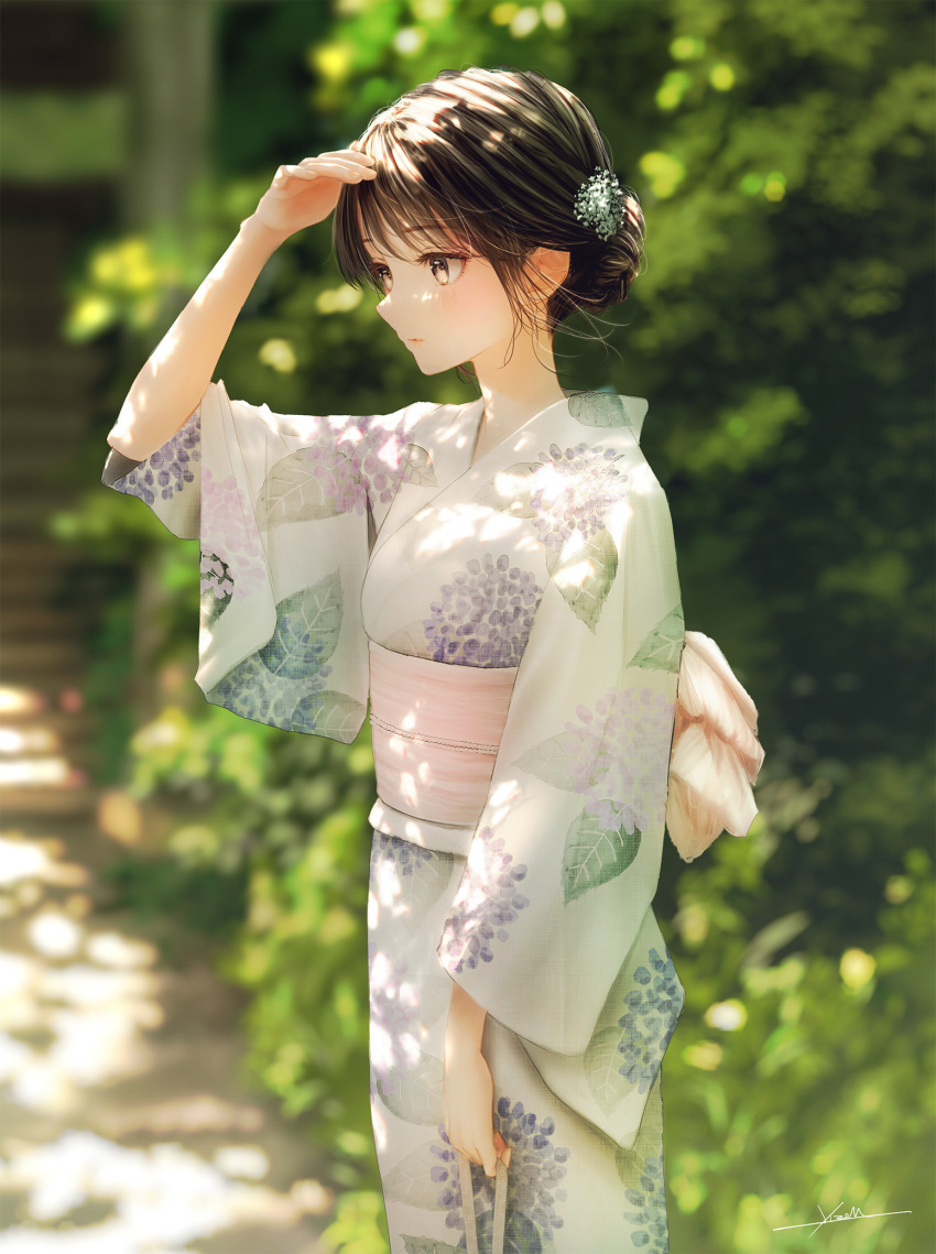 bag blush breasts brown_hair bush check_commentary closed_mouth commentary_request cowboy_shot dappled_sunlight day female floral_print flower hair_bun highres holding holding_bag hydrangea japanese_clothes kimono long_hair looking_afar ojay_tkym original purple_kimono shading_eyes single_hair_bun small_breasts solo sunlight tree white_kimono