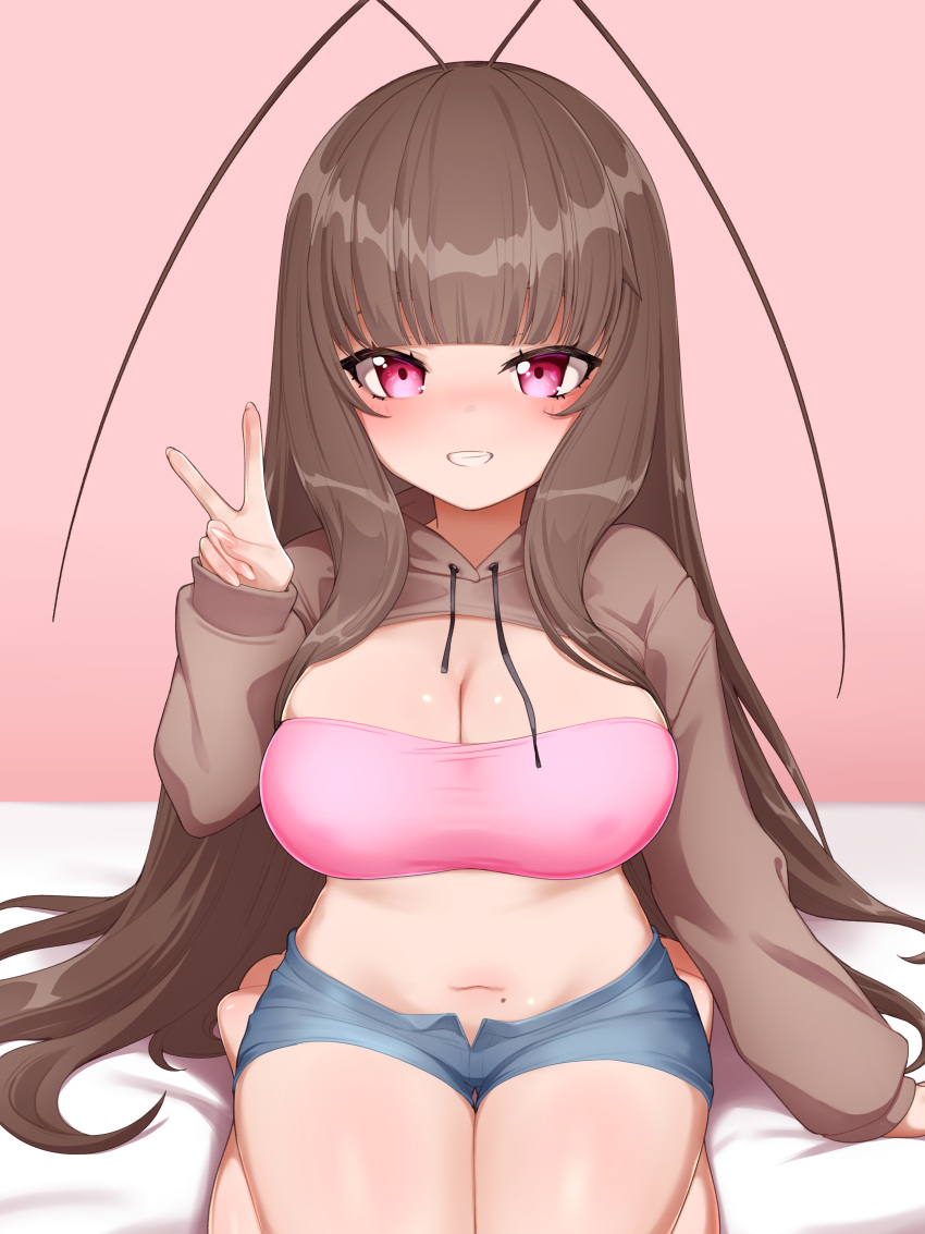 absurdres antennae breasts brown_hair commission crop_top denim denim_shorts female goki_buri gokiburi-chan highres hood hoodie large_breasts long_hair looking_at_viewer mole mole_on_stomach nail_polish original pink_eyes pixiv_commission plump seiza short_shorts shorts simple_background sitting smile solo sweater thighs v very_long_hair