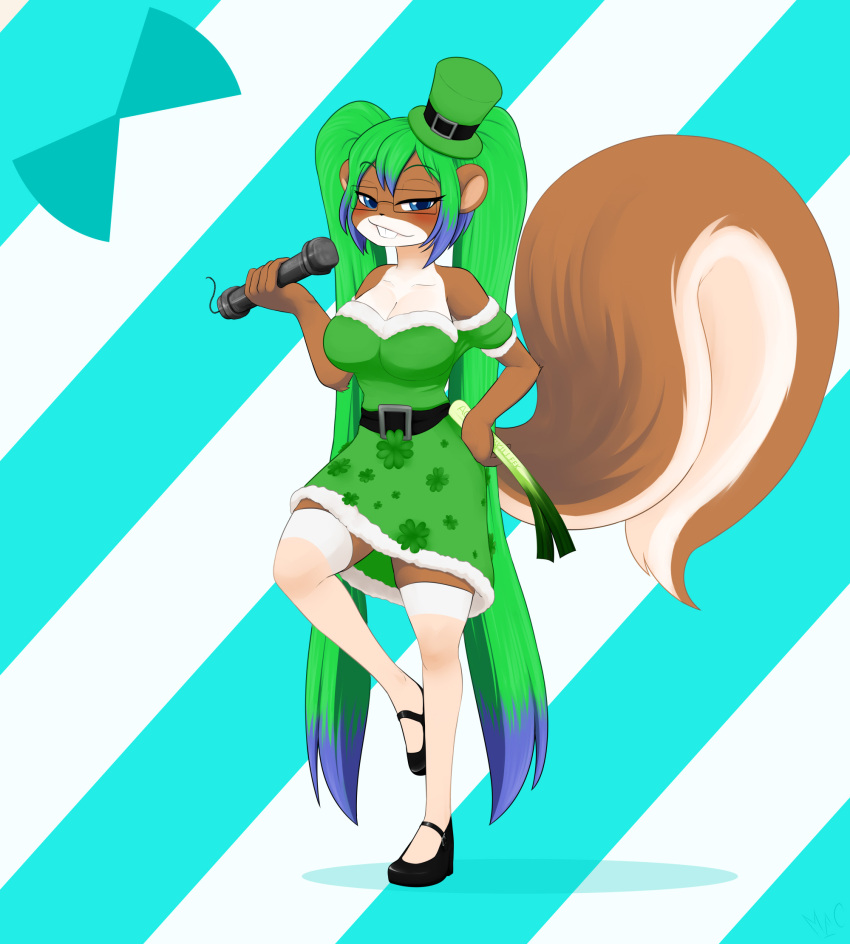 anthro blue_eyes blue_hair breasts brown_body brown_fur buckteeth cleavage clothed clothing clover_(plant) clover_leaf eyewear female food footwear four_leaf_clover fur glasses green_clothing green_hair hair hi_res ireland irish knee_highs knee_socks leaf leek legwear leprechaun_hat mammal mentalcrash multicolored_body multicolored_fur multicolored_hair onion pipe_bomb plant rodent round_ears sciurid simple_background socks solo squirrel_tail teal_background teeth tree_squirrel twintails_(hairstyle) vegetable white_body white_fur