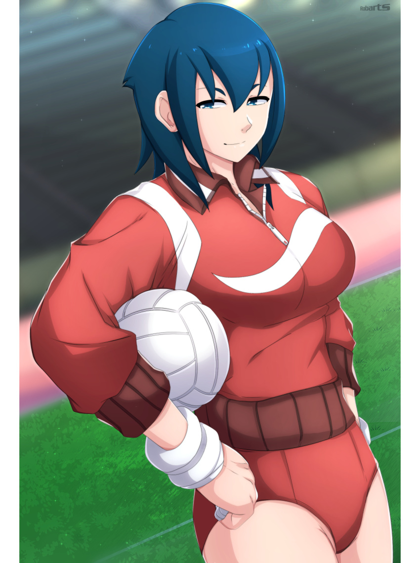 absurdres axasempai ayuhara_natsu bandaged_fingers bandages black_hair blue_eyes blue_hair border breasts female hair_between_eyes highres jacket justice_gakuen large_breasts red_jacket red_shorts shiritsu_justice_gakuen short_hair shorts solo stadium upper_body volleyball white_border