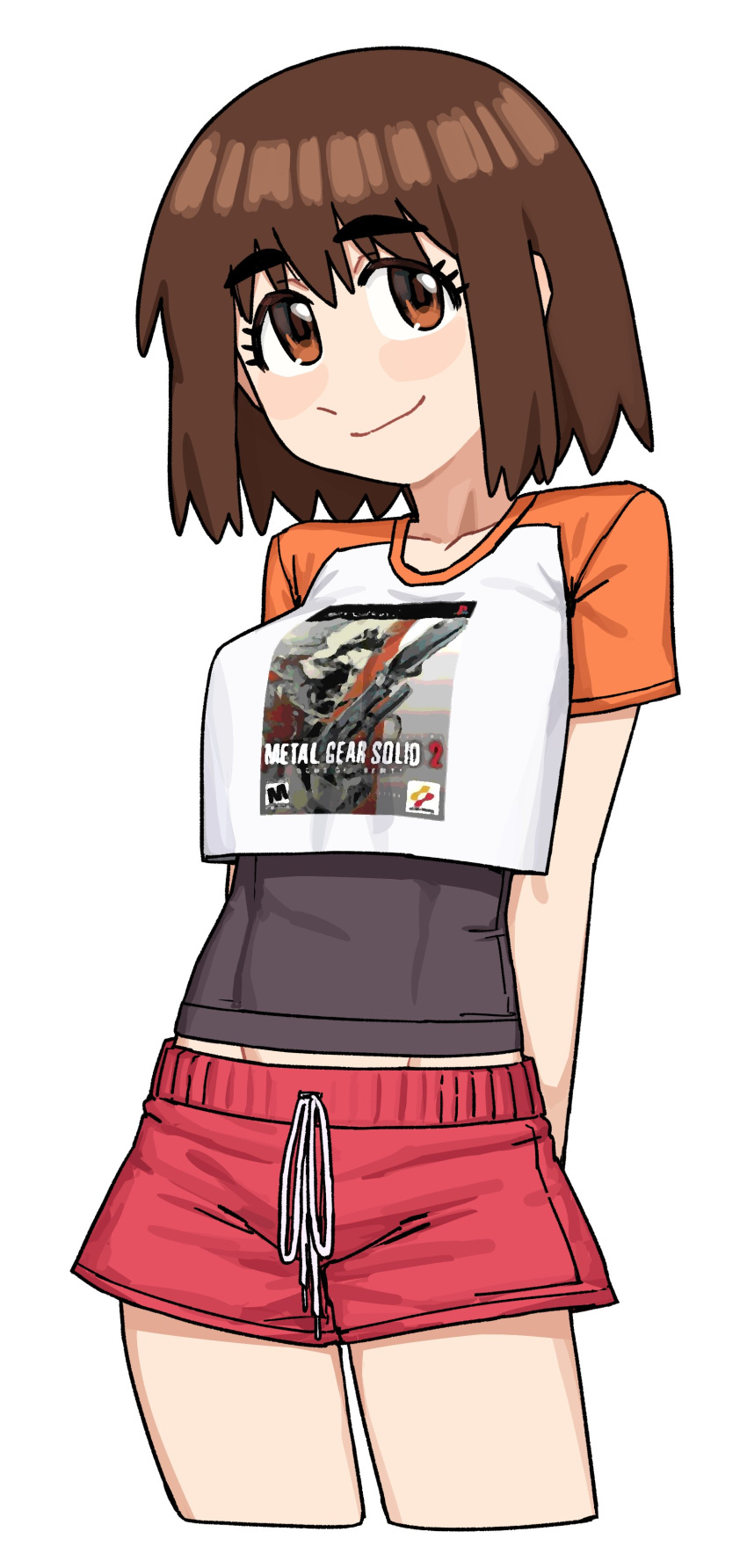 absurdres arms_behind_back ayase_fuuka blush_stickers brown_eyes brown_hair commentary crop_top cropped_legs english_commentary female groin highres looking_to_the_side metal_gear_(series) metal_gear_solid_2:_sons_of_liberty namesben5 raglan_sleeves shirt short_hair short_shorts short_sleeves shorts smile solo swimsuit swimsuit_under_clothes t-shirt yotsubato!