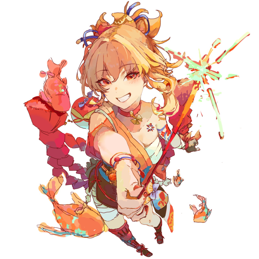 anmochi_mochi arm_tattoo bandaged_arm bandaged_leg bandages bare_shoulders black_gloves blonde_hair blush breasts chest_tattoo choker cleavage female fingerless_gloves fireworks fish flower_tattoo genshin_impact gloves goldfish grin hair_ornament highres japanese_clothes kimono large_breasts long_hair long_sleeves looking_at_viewer obi orange_kimono ponytail sarashi sash smile solo sparkler tattoo wide_sleeves yellow_eyes yoimiya_(genshin_impact)