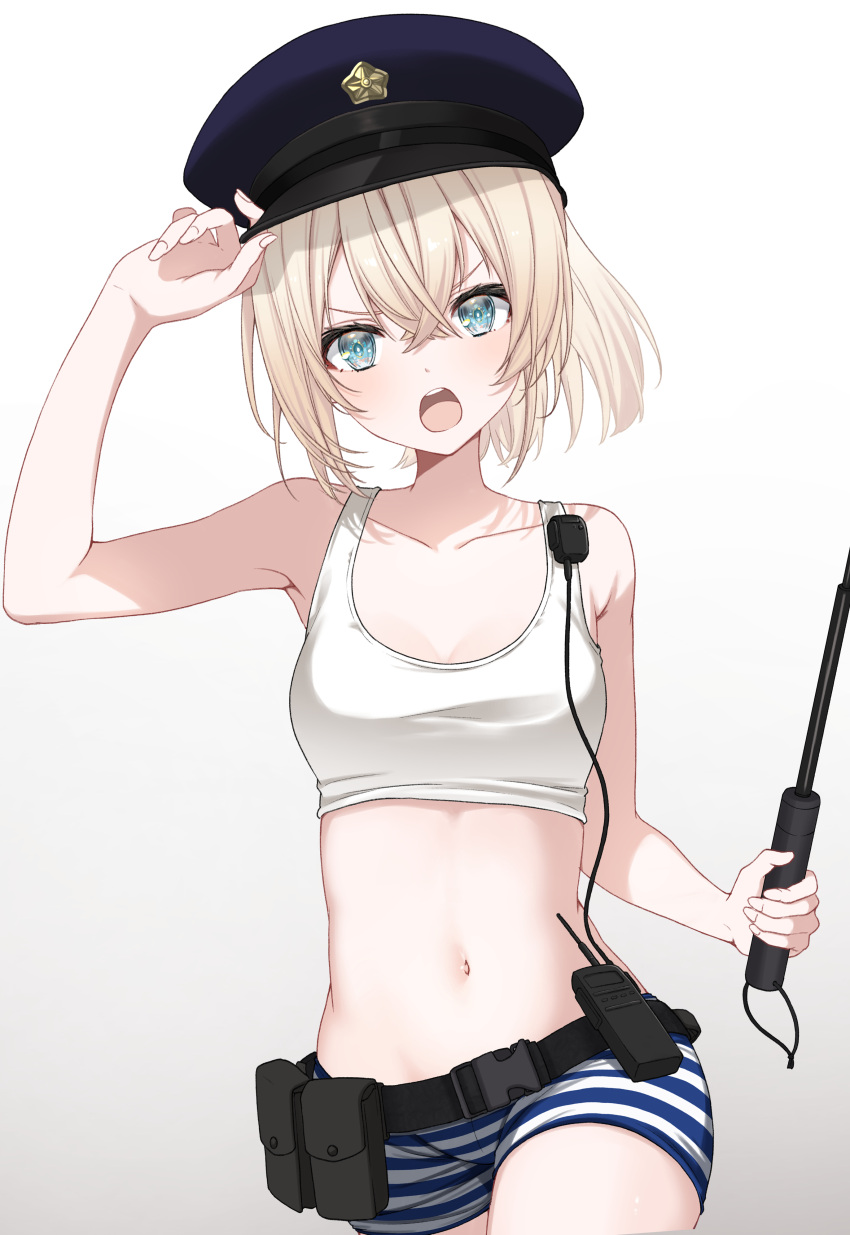 absurdres angry bare_shoulders baton_(weapon) belt belt_pouch blonde_hair blue_eyes blue_hat breasts crop_top crossed_bangs female hair_between_eyes hand_on_headwear hat highres hololive kazama_iroha looking_at_viewer mamdtsubu medium_hair navel open_mouth peaked_cap police police_uniform policewoman ponytail pouch short_shorts shorts shouting simple_background small_breasts solo stomach striped_clothes striped_shorts tank_top utility_belt virtual_youtuber walkie-talkie weapon white_background white_tank_top