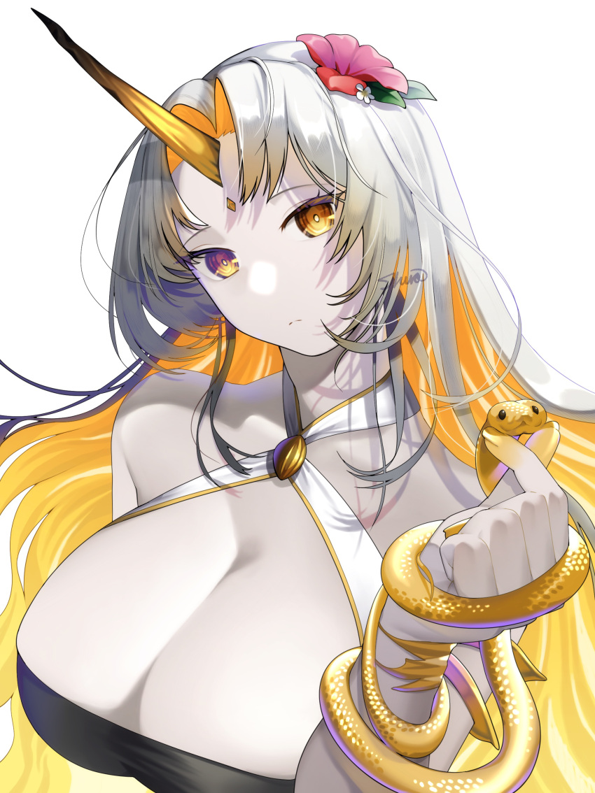 absurdres animal bikini blonde_hair breasts cleavage closed_mouth commentary_request female finger_heart fire_emblem fire_emblem_heroes flower forehead_jewel grey_hair gullveig_(fire_emblem) gullveig_(summer)_(fire_emblem) hair_flower hair_ornament head_tilt highres horns ikura_(downdexp) large_breasts long_hair looking_at_viewer multicolored_hair no_nose official_alternate_costume pale_skin red_flower signature simple_background single_horn snake snake_hair solo swimsuit two-tone_hair very_long_hair white_background yellow_eyes yellow_horns yellow_snake