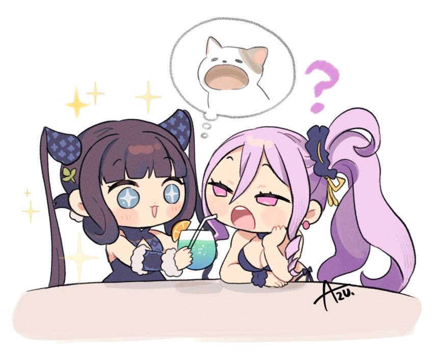 2girls ? azu_(kirara310) black_one-piece_swimsuit black_ribbon black_scrunchie blue_eyes blunt_bangs blush_stickers chibi cup drinking_glass drinking_straw earrings fate/grand_order fate_(series) feline food fruit hair_between_eyes hair_ornament hand_on_own_face highres holding holding_cup jewelry meme multiple_girls one-piece_swimsuit open_mouth orange_(fruit) orange_slice pink_eyes pop_cat_(meme) purple_hair ribbon scrunchie side_ponytail signature sparkle sparkling_eyes speech_bubble swimsuit teeth twintails upper_teeth_only wrist_scrunchie wu_zetian_(fate) wu_zetian_(swimsuit_caster)_(fate) wu_zetian_(swimsuit_caster)_(first_ascension)_(fate) yang_guifei_(fate) yang_guifei_(second_ascension)_(fate)