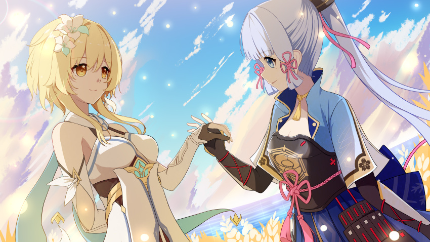 2girls absurdres arm_behind_back arm_guards armor bare_shoulders blonde_hair blue_eyes blue_hair blue_sky breastplate breasts cleavage closed_mouth cloud commentary_request couple detached_sleeves dress fingerless_gloves flower genshin_impact gloves hair_between_eyes hair_flower hair_ornament hair_ribbon highres holding_hands japanese_armor japanese_clothes kamisato_ayaka kamisato_clan_(emblem) long_hair looking_at_another lumine_(genshin_impact) medium_breasts mole mole_under_eye multiple_girls mxirony neck_tassel outdoors parted_lips ponytail ribbon scarf short_hair_with_long_locks sky smile upper_body water white_dress white_scarf yellow_eyes yuri