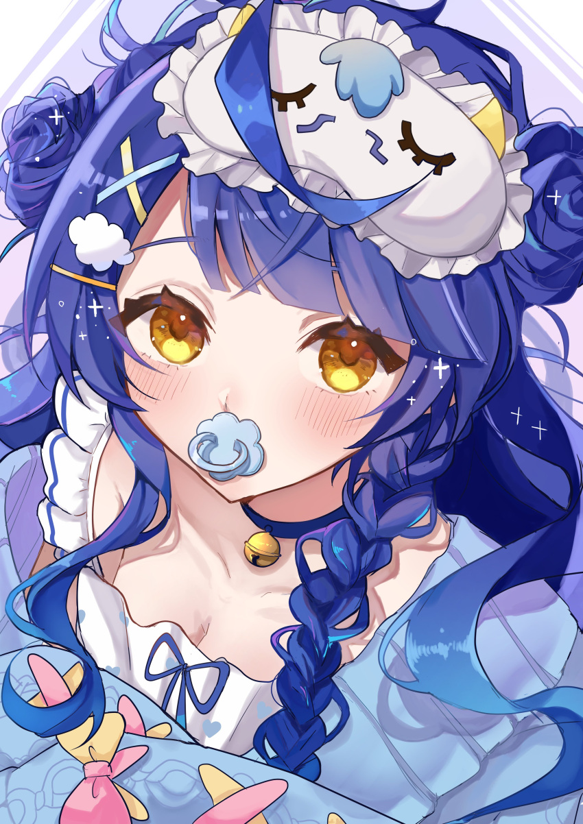 absurdres amamiya_kokoro amamiya_kokoro_(6th_costume) awadama_1225 bell blue_hair blue_sweater blush breasts cleavage collarbone double_bun female hair_bun hair_ornament hairclip highres long_hair long_sleeves looking_at_viewer neck_bell nijisanji off_shoulder pacifier shirt sleep_mask small_breasts solo sweater upper_body virtual_youtuber white_shirt x_hair_ornament yellow_eyes