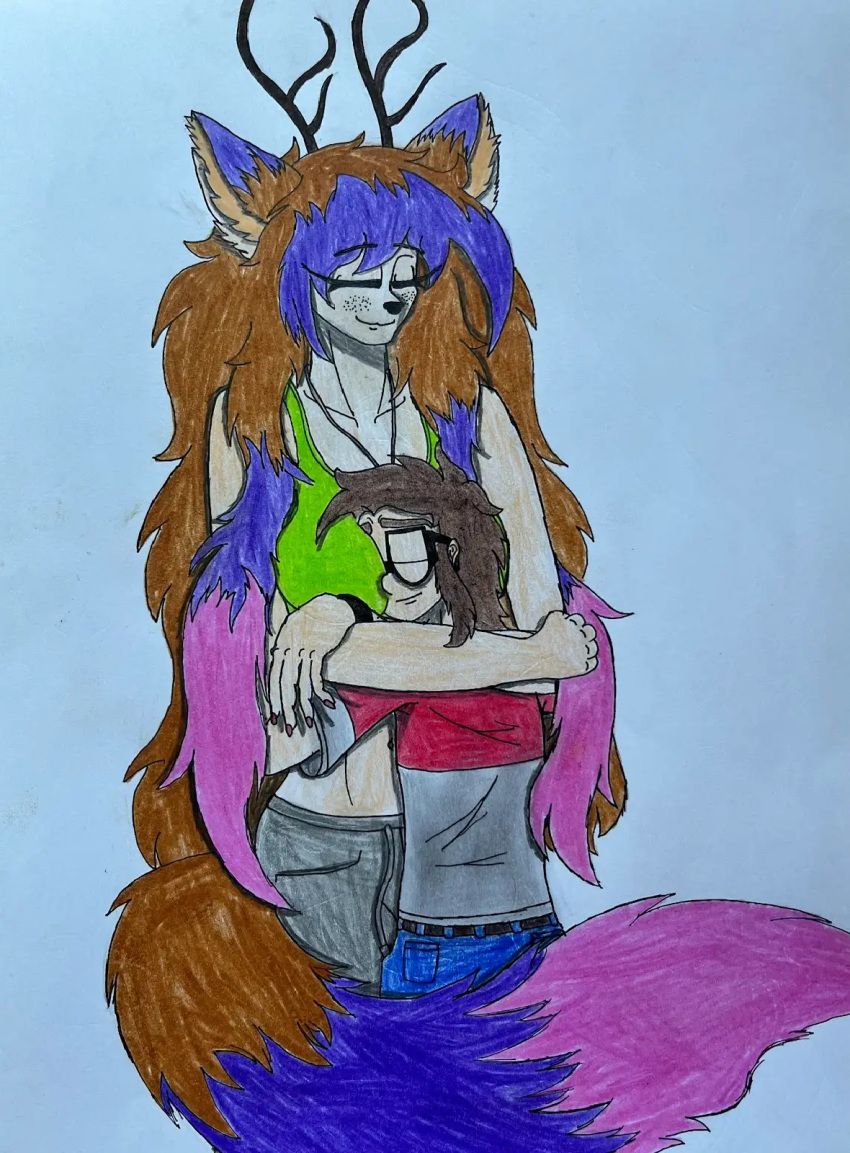 adult_(lore) animal_ears anthro antlers between_breasts big_breasts bottomwear bracelet breasts canon_couple closed_eyes clothing colored_nails crop_top duo dylanaildon_no_2 eyewear female fluffy fluffy_tail forest_spirit freckled_face freckles glasses hair head_on_breast hi_res horn hug human humanoid inner_ear_fluff jewelry larger_female long_hair male male/female mammal multicolored_clothing multicolored_shirt multicolored_topwear nails necklace ochre_hair pants pink_hair purple_hair romantic romantic_couple shirt simple_background size_difference smaller_male smile sweatpants tail tail_hug tirisk_(dylanaildon_no_2) toby_(dylanaildon_no_2) topwear traditional_media_(artwork) tuft