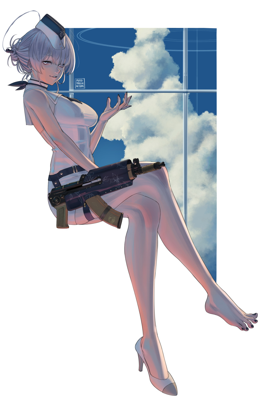 absurdres aks-74u assault_rifle bare_legs bare_shoulders barefoot black_nails blue_archive blue_sky breasts cloud crossed_legs crossover dress feet female garrison_cap grey_eyes grey_hair gun hair_ornament halo hat highres itokonoue_kaoru kalashnikov_rifle knees_together_feet_apart legs long_hair looking_at_viewer medium_breasts nail_polish necktie pencil_dress project_kv puto_trash rifle sailor_collar shoes short_hair short_necktie single_shoe sitting sky sleeveless smile solo toenail_polish toenails toes utnapishtim_operator_uniform_(blue_archive) weapon white_dress