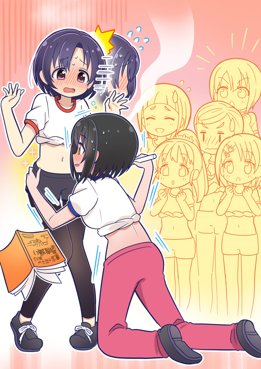 6+girls absurdres back black_footwear black_hair black_pants blue_trim blush book breasts brown_eyes embarrassed flying_sweatdrops fukuyama_mai full_body gym_pants gym_shirt hands_up head_steam highres holding holding_pen idolmaster idolmaster_cinderella_girls idolmaster_cinderella_girls_starlight_stage jukuchou_(ennuibirthday) kneeling large_breasts looking_at_another midriff motion_lines multiple_girls navel okazaki_yasuha open_mouth otokura_yuuki pants pen pigeon-toed pink_pants red_background red_trim sasaki_chie shiragiku_hotaru shirt shirt_rolled_up shoe_soles shoes short_hair short_sleeves shuto_aoi small_breasts sneakers sparkle standing swimsuit takafuji_kako wavy_mouth white_shirt yellow_eyes