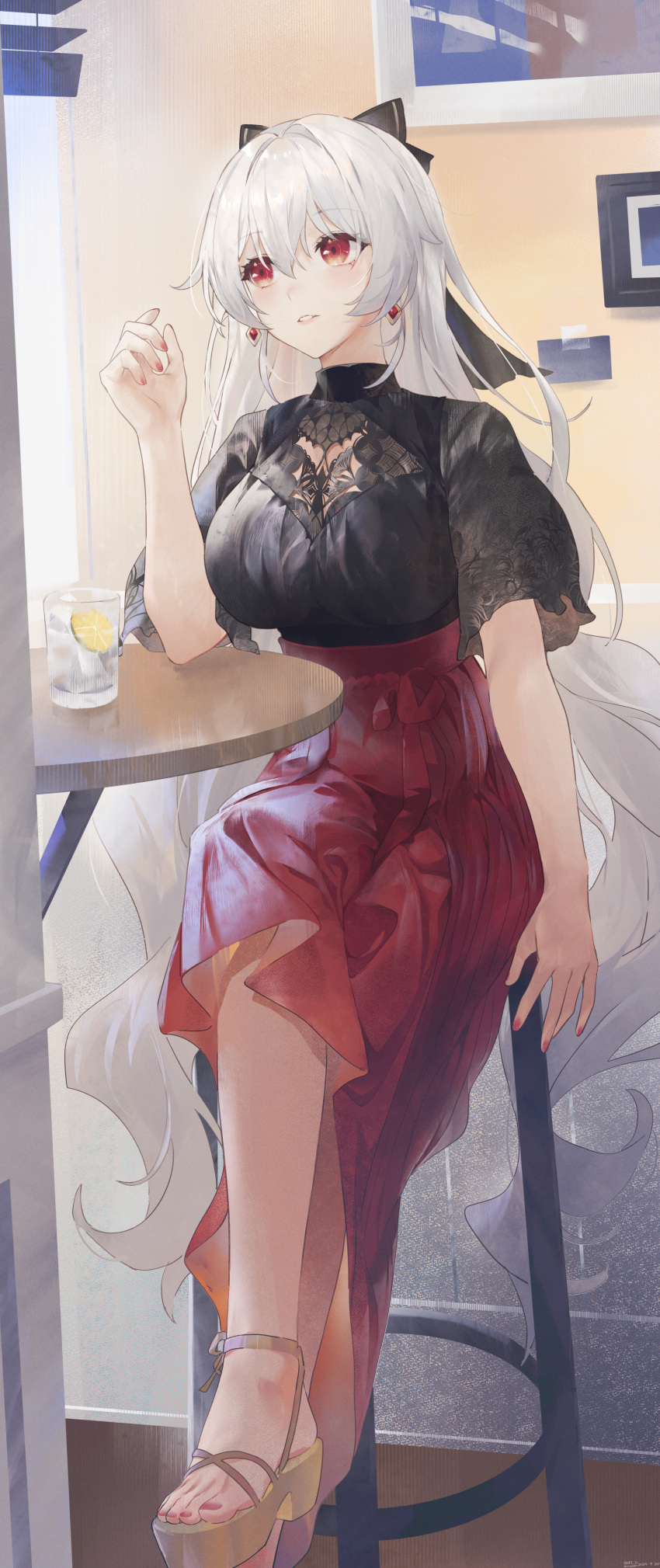 absurdres alternate_costume black_bow black_shirt bow breasts crossed_legs cup drinking_glass earrings feet female foot_out_of_frame grey_hair hair_between_eyes hairbow hand_up highres honkai_(series) honkai_impact_3rd jewelry legs long_hair long_skirt looking_to_the_side nail_polish on_chair outdoors red_eyes red_nails red_skirt sandals shirt short_sleeves sitting skirt solo swkl:d theresa_apocalypse theresa_apocalypse_(luna_kindred) theresa_apocalypse_(lunar_vow:_crimson_love) toenail_polish toenails toes very_long_hair