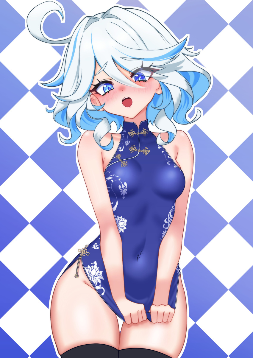 :o absurdres ahoge alternate_costume bare_shoulders black_thighhighs blue_background blue_dress blue_eyes blue_hair blue_pupils blush breasts checkered_background china_dress chinese_clothes commentary_request covered_navel cowboy_shot dress dress_tug drop-shaped_pupils female furina_(genshin_impact) genshin_impact hair_between_eyes heterochromia highres light_blue_hair looking_at_viewer medium_hair multicolored_hair oldsickkim sleeveless sleeveless_dress small_breasts solo streaked_hair symbol-shaped_pupils teeth thighhighs upper_teeth_only white_background white_hair