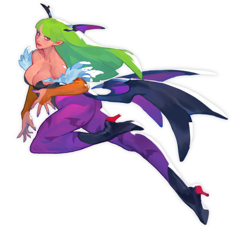 animal_print bare_shoulders bat_print black_leotard boots breasts darkstalkers demon_girl english_commentary female fl_(l-fl) fur-trimmed_leotard fur_trim green_hair head_wings high_heel_boots high_heels highres leotard long_hair morrigan_aensland pantyhose pointy_ears print_pantyhose purple_nails purple_pantyhose purple_wings red_eyes simple_background solo white_background wings