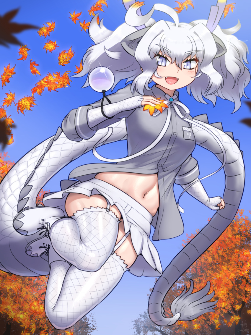 autumn_leaves blush boots bow bowtie collared_shirt dragon_ears dragon_girl dragon_horns dragon_tail elbow_gloves fangs female fingerless_gloves fishnet_gloves fishnet_thighhighs fishnets garter_straps gloves grey_shirt hair_between_eyes highres horns kemono_friends long_sleeves looking_at_viewer midriff_peek mo23 navel open_mouth pleated_skirt purple_eyes shirt short_twintails sidelocks skirt slit_pupils solo tail thighhighs twintails white_bow white_bowtie white_dragon_(kemono_friends) white_footwear white_gloves white_hair white_skirt white_thighhighs zettai_ryouiki