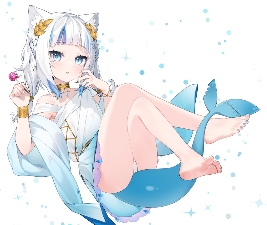 :p animal_ears barefoot blue_eyes blue_nails blunt_bangs bracelet braid candy cat_ears dress facial_tattoo feet female fins fish_tail flat_chest food full_body gawr_gura gawr_gura_(party_dress) gold_choker gold_wrist_cuffs gradient_clothes gradient_dress hair_ornament highres holding holding_candy holding_food holding_lollipop hololive hololive_english hoshi_usagi jewelry lollipop looking_at_viewer medium_hair multicolored_hair nail_polish official_alternate_costume panties pendant_choker shark_girl shark_tail sidelocks simple_background soles solo stitches streaked_hair tail tattoo toenail_polish toenails toes tongue tongue_out twintails underwear virtual_youtuber white_background white_dress white_hair white_panties wide_sleeves wrist_cuffs