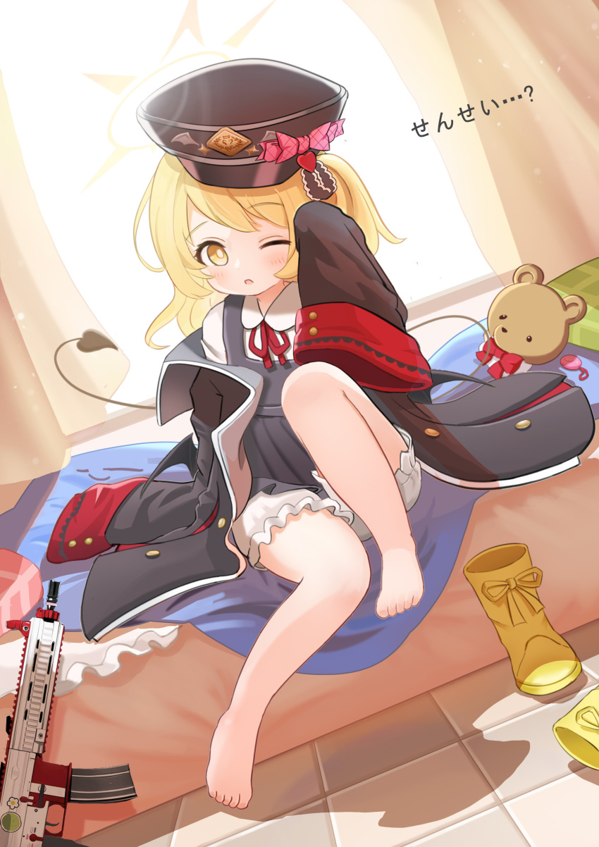 :o absurdres assault_rifle barefoot bed black_coat black_tail black_wings blanket blonde_hair bloomers blue_archive blue_dress blush boots breasts coat collared_shirt crime_prevention_buzzer demon_tail demon_wings dress gun h&k_hk416 halo hat hat_ornament heart heart_hat_ornament highres ibuki_(blue_archive) jacket looking_at_viewer low_wings neck_ribbon on_bed one_eye_closed open_clothes open_jacket peaked_cap pillow pinafore_dress red_ribbon ribbon rifle shirt sitting sleeveless sleeveless_dress sleeves_past_fingers sleeves_past_wrists small_breasts stuffed_animal stuffed_toy sunlight tail teddy_bear weapon white_shirt window window_blinds wings yellow_eyes yellow_footwear yellow_halo zalakira