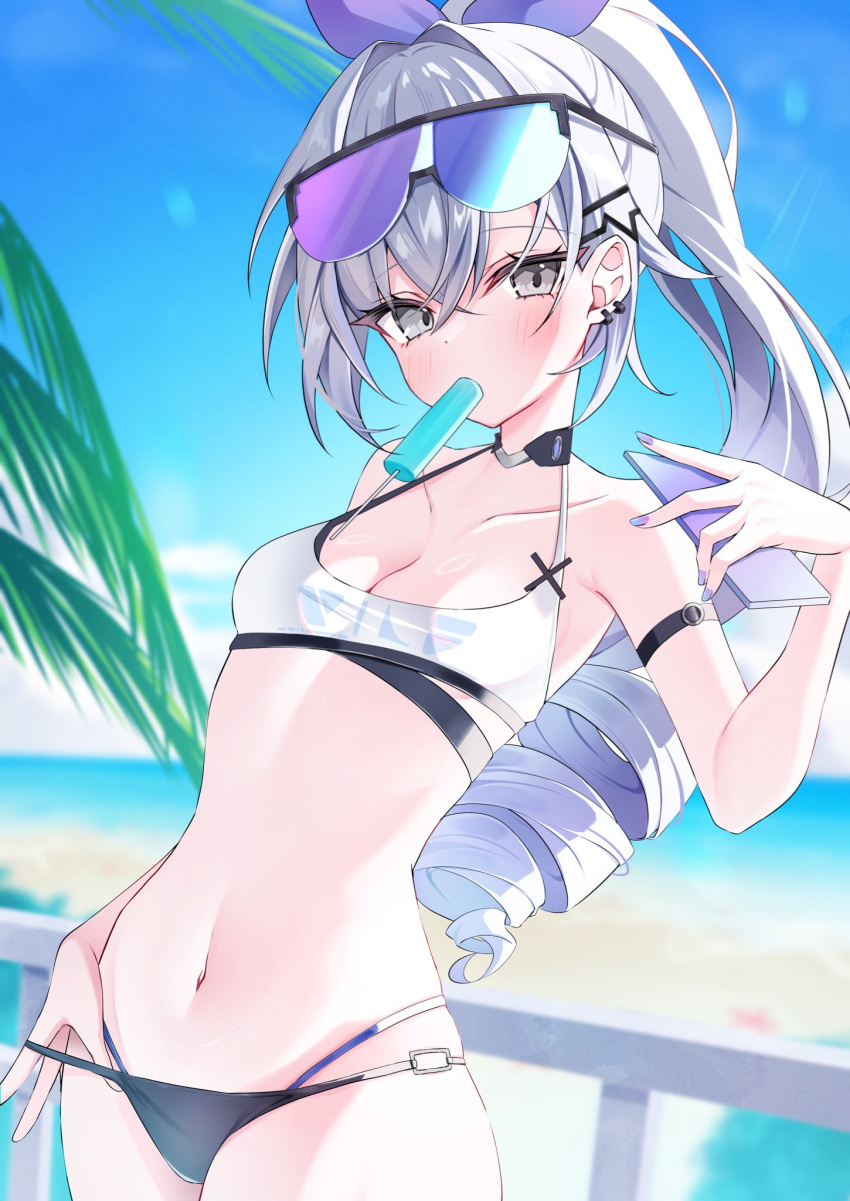 alternate_costume bare_shoulders beach bikini black_bikini blue_sky breasts cleavage cowboy_shot drill_hair female food food_in_mouth goggles goggles_on_head grey_eyes grey_hair highres holding holding_phone honkai:_star_rail honkai_(series) long_hair mizupuruta multi-strapped_bikini_bottom navel ocean phone popsicle popsicle_in_mouth sand silver_wolf_(honkai:_star_rail) sky small_breasts solo stomach summer_uniform swimsuit thighs white_bikini