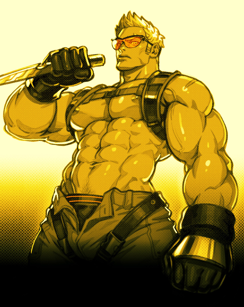 1boy abs absolum_art bara bare_pectorals belt blazing_strike chest_harness combat_knife commentary english_commentary gloves harness highres holding holding_knife holding_weapon knife large_pectorals male_focus male_underwear male_underwear_peek mateo_(blazing_strike) muscular muscular_male navel navel_hair nipples open_belt open_fly orange-tinted_eyewear pectorals scar scar_on_shoulder short_hair solo tinted_eyewear unbuttoned underwear veins veiny_arms weapon