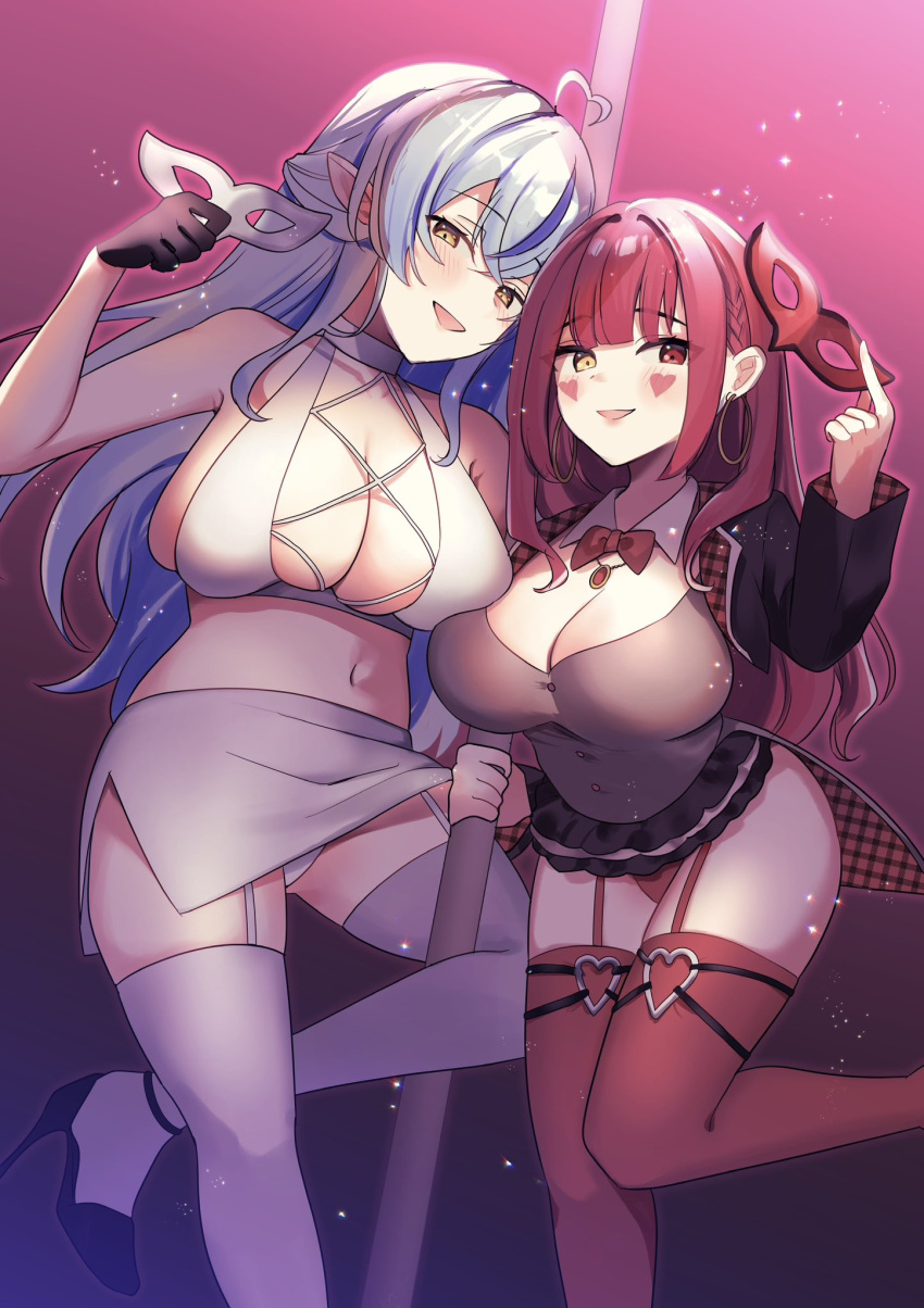 2girls ahoge alternate_costume black_jacket black_leotard black_skirt blue_eyes breasts cleavage cowboy_shot cropped_shirt cross-laced_clothes cross-laced_top eye_mask facial_tattoo garter_straps grand_theft_auto halter_shirt halterneck heart heart_ahoge heart_tattoo highres holding holding_mask hololive houshou_marine jacket large_breasts leotard long_hair mask multiple_girls navel panties pole pole_dancing red_hair siose_tamotsu skirt stripper_pole tattoo thighhighs underwear virtual_youtuber white_panties white_skirt white_thighhighs yukihana_lamy