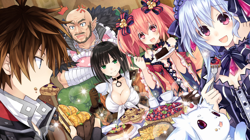 2boys 3girls :d ^^^ alyn_(fairy_fencer_f) anger_vein animal apron arm_support bahas bald beard black_hair blue_hair blueberry blush breasts brown_gloves brown_hair chain_necklace chains chair cleavage collar collarbone cross cui cup detached_collar dutch_angle earrings eating facial_hair fairy_fencer_f fang_(fairy_fencer_f) food food_awe food_on_face fork frilled_apron frilled_sleeves frills front-tie_top fruit fur_trim game_cg gloves green_eyes hair_ornament hand_on_own_cheek hand_on_own_face harler holding jewelry large_breasts long_hair looking_at_another looking_at_viewer melon moustache multiple_boys multiple_girls necklace official_art open_mouth orange_(fruit) orange_hair orange_slice pie pink_eyes plate pointy_ears polka_dot polka_dot_apron profile red_eyes saucer short_hair smile sparkle sparkling_eyes strawberry tart_(food) teacup tiara_(fairy_fencer_f) tsunako twintails wide_sleeves