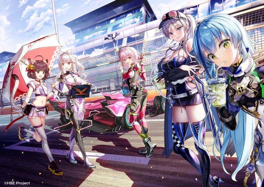 5girls animal_ears azur_lane boots breasts car cat_ears cat_girl character_name commentary_request company_connection copyright_name crossover cup end_card enterprise_(azur_lane) enterprise_(wind_catcher)_(azur_lane) fujima_takuya helmet highres highspeed_etoile holding holding_umbrella ichihime komachi_towa liu_youran mahjong_soul motor_vehicle multiple_crossover multiple_girls official_alternate_costume official_art race_queen race_vehicle racecar racetrack racing_suit rindo_rin single_thighhigh tablet_pc thigh_boots thighhighs umbrella unworn_headwear unworn_helmet yostar