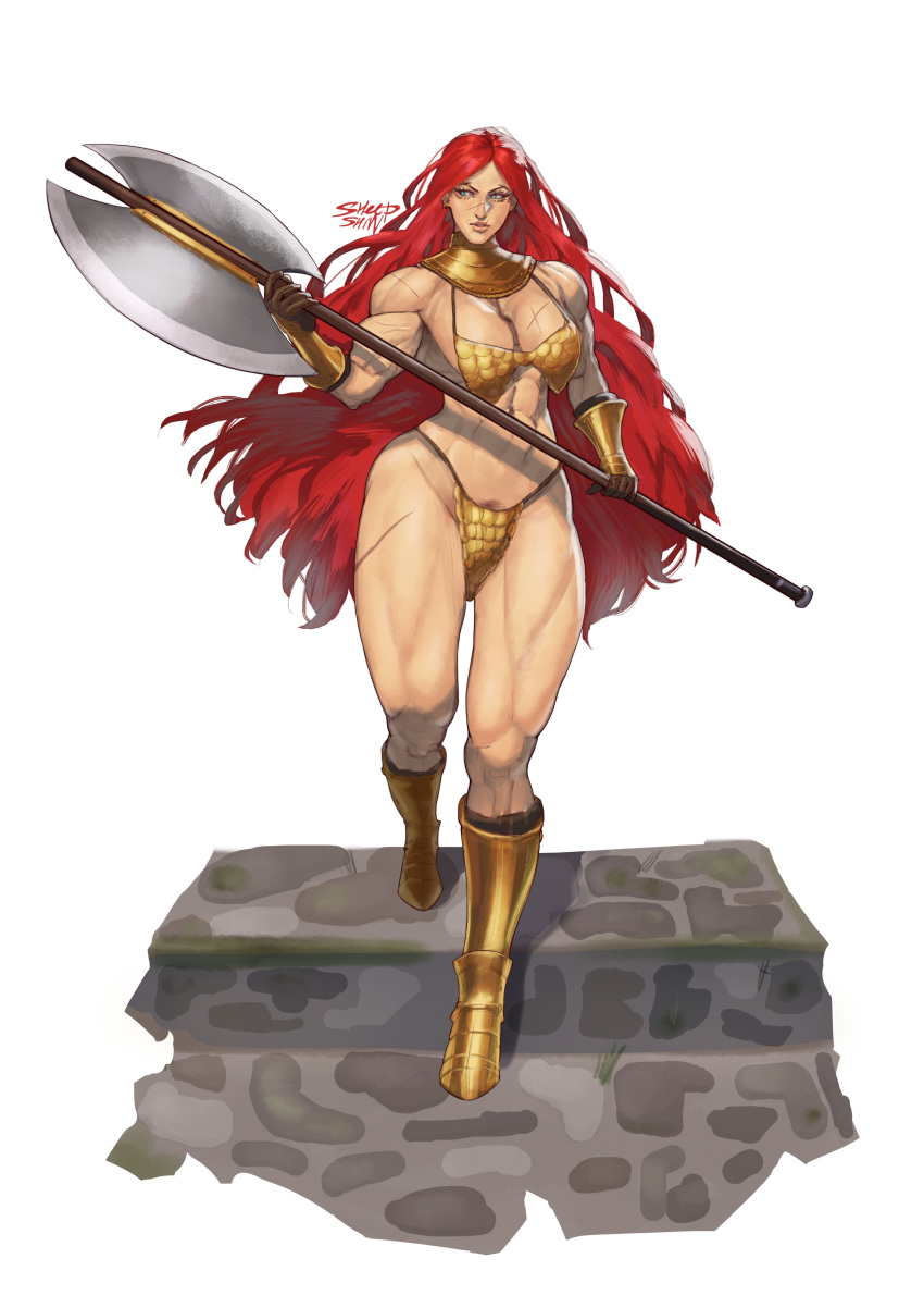 abs absurdres armor axe battle_axe bikini blue_eyes breasts cleavage double-sided_axe female gauntlets gloves gorget greaves highres holding holding_axe holding_weapon large_breasts long_hair muscular muscular_female original red_hair sabaton scar sheep_shin signature solo stairs swimsuit thick_thighs thighs very_long_hair weapon white_background