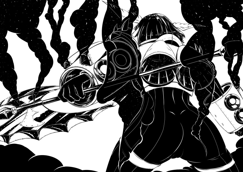 absurdres arm_cannon ass axe chinese_commentary commentary_request cowboy_shot female from_behind gloves greyscale head_wings high_contrast highres holding holding_axe jetpack meister_(ragnarok_online) monochrome ragnarok_online short_hair smoke smoking_barrel solo weapon wings zzk0926