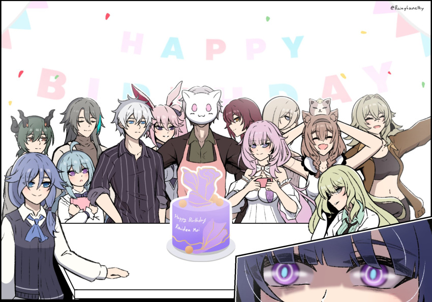 4boys 6+girls ahoge alternate_costume animal_ears aponia_(honkai_impact) apron birthday_cake black_horns black_jacket black_pants black_shirt blonde_hair blue_bow blue_bowtie blue_eyes blue_hair bow bowtie braid breasts brown_hair brown_jacket cake camera can_(honkai_impact) cat_ears cat_girl closed_eyes coat confetti crop_top decorations dress eden_(honkai_impact) elysia_(honkai_impact) feline food fox_ears fox_girl fu_hua green_shirt grey_hair griseo griseo_(starry_impression) hair_intakes happy_birthday highres holding holding_camera honkai_(series) honkai_impact_3rd horns jacket kalpas_(honkai_impact) kevin_kaslana kosma lab_coat large_breasts light_blue_hair long_hair looking_at_another mask mask_on_head medium_breasts medium_hair mobius_(honkai_impact) multiple_boys multiple_girls navel open_mouth pants pardofelis pink_apron pink_hair purple_eyes purple_hair raiden_mei raiden_mei_(herrscher_of_origin) rainylane ribbed_shirt sakura_(honkai_impact) shirt small_breasts smile stomach su_(honkai_impact) table twin_braids twitter_username vill-v white_coat white_dress white_hair white_shirt yellow_eyes