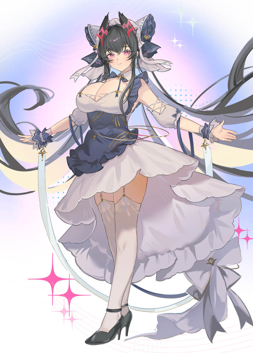 absurdres apron ariko_(aaaaarik) azur_lane bare_shoulders black_apron black_hair blush breasts cheshire_(azur_lane) cheshire_(azur_lane)_(cosplay) cleavage closed_mouth colored_inner_hair commentary commission cosplay dress english_commentary female frilled_apron frills full_body garter_straps gradient_background high_heels highres large_breasts long_hair looking_at_viewer maid_apron multicolored_hair outstretched_arms pink_eyes pixiv_commission revision smile solo spread_arms standing strasbourg_(azur_lane) thighhighs very_long_hair white_dress white_garter_straps white_thighhighs wrist_wrap