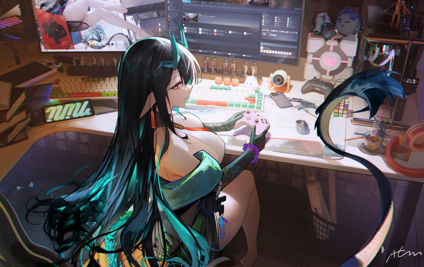 aqua_horns arknights ass bare_shoulders black_hair breasts colored_skin computer_keyboard computer_mouse controller dragon_girl dragon_horns dragon_tail dress dusk_(arknights) earrings eastern_dragon_tail female game_controller green_horns green_skin headphones holding horns jewelry large_breasts long_hair looking_at_viewer looking_back monitor multicolored_hair necktie nixie_tube off_shoulder omone_hokoma_agm pointy_ears portal_(series) portal_2 red_eyes sitting sleeveless solo steins;gate streaked_hair tail tassel white_dress