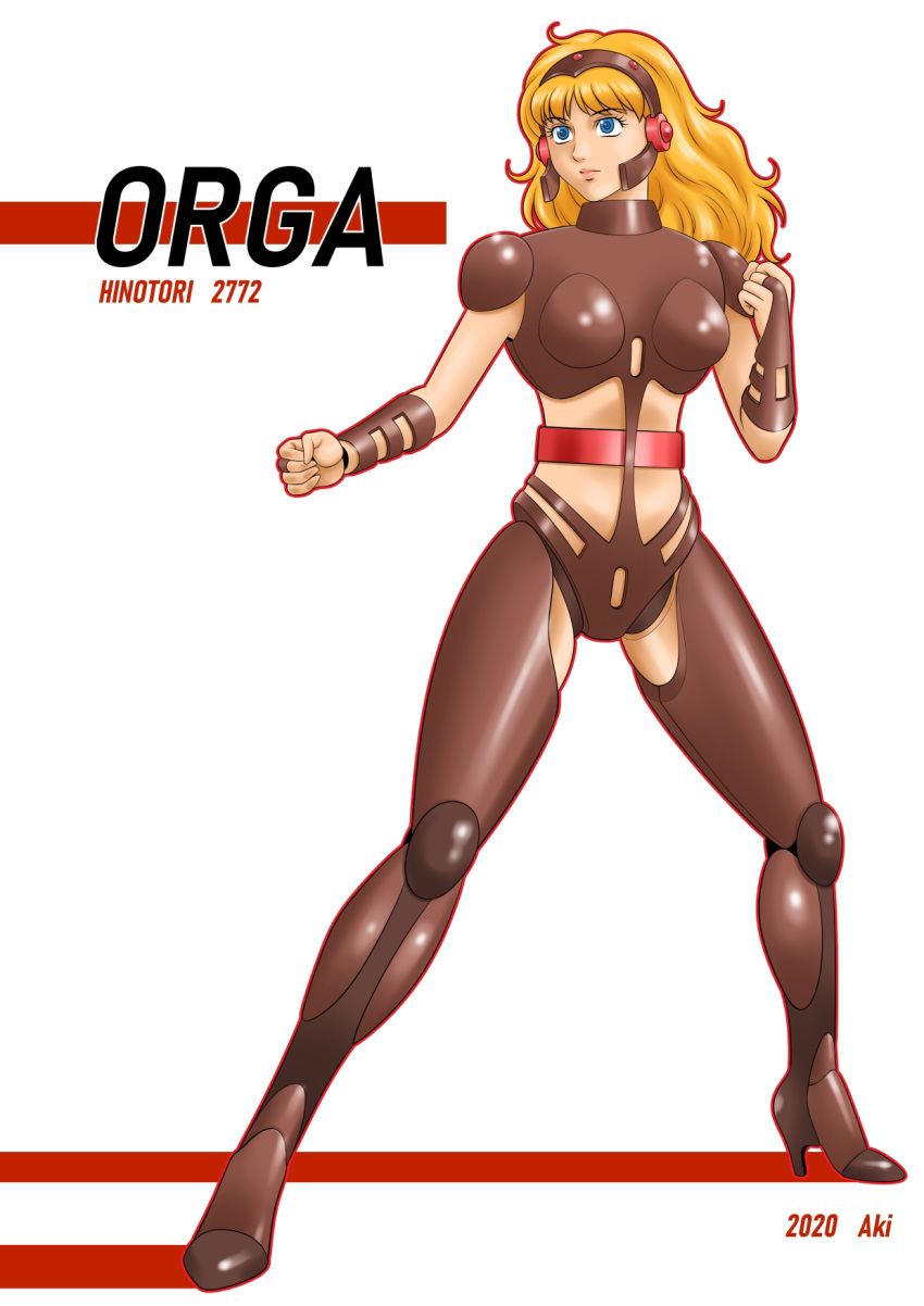 2023 aki_(pixiv_87336387) android armor blonde_hair blue_eyes breasts character_name clenched_hands commentary_request dated english_text engrish_text female fighting_stance headgear hi_no_tori_2772 highres long_hair olga_(phoenix_2772) pink_lips ranguage robot serious signature white_background